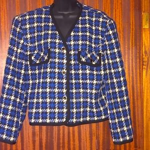 Vintage london fog houndstooth tweed checkered blue&black blazer size 14 petite